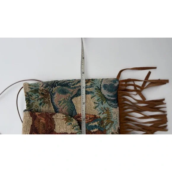 Vintage Style Horse Tapestry Crossbody Bag with Brown Fringe Western Boho Pouch - Picture 3 of 7